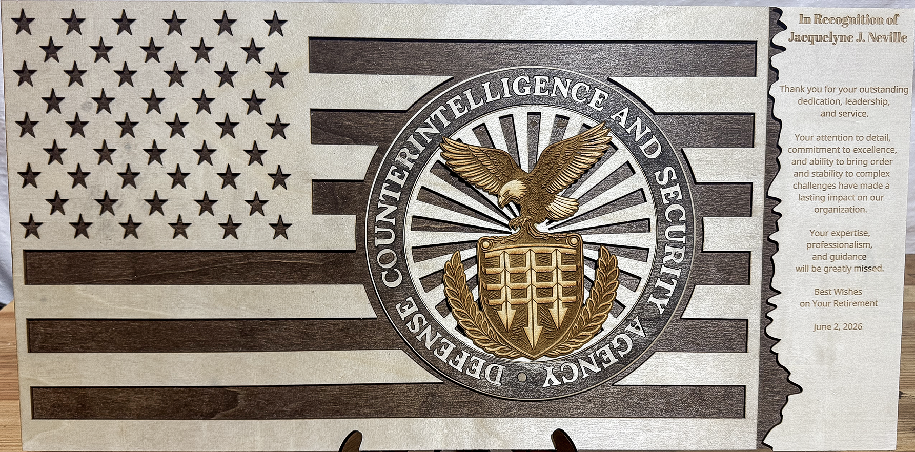 Layered military intelligence retirement recognition plaque