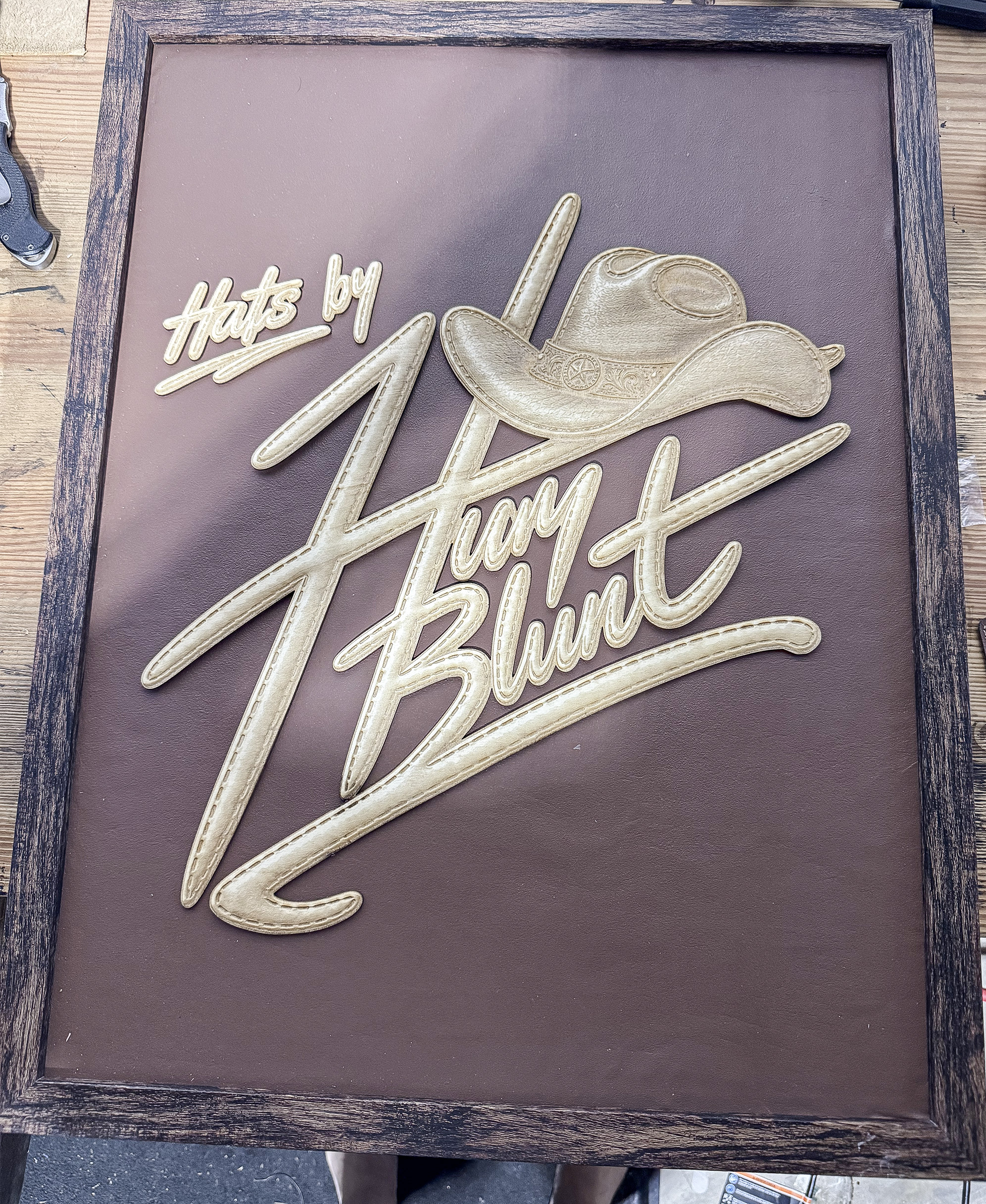 Custom western layered wood business sign with cowboy hat