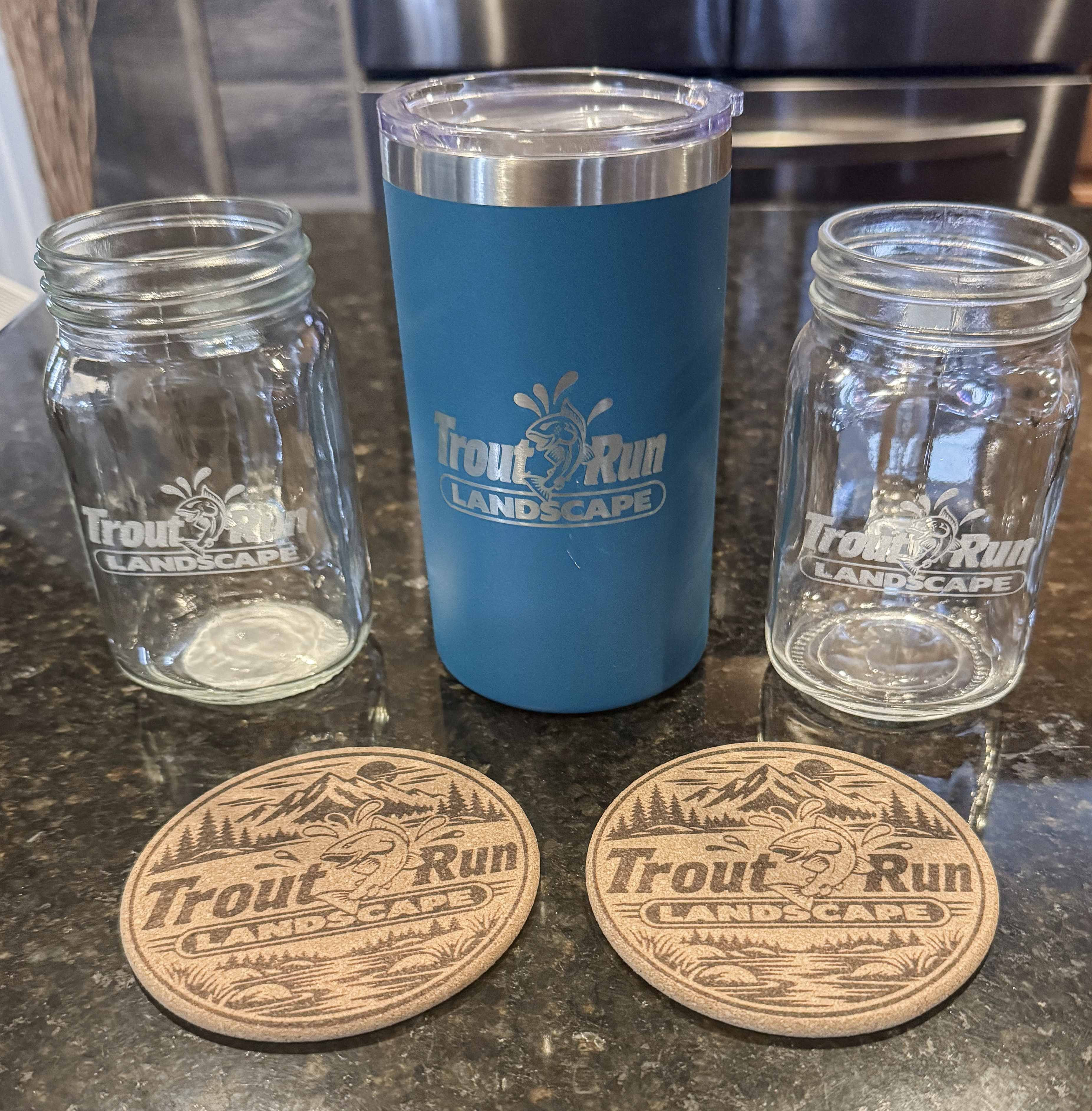 Custom Trout Run Landscape tumbler glassware and engraved coaster set